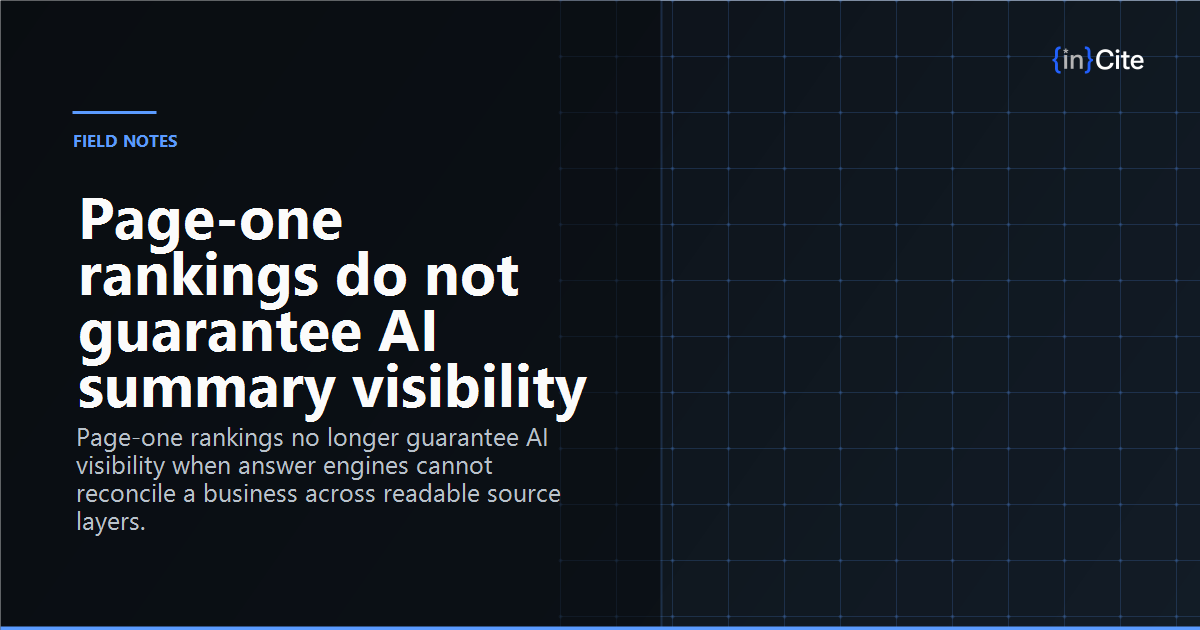 Page-one rankings do not guarantee AI summary visibility