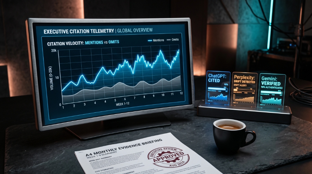 Executive citation telemetry console & monthly evidence briefing