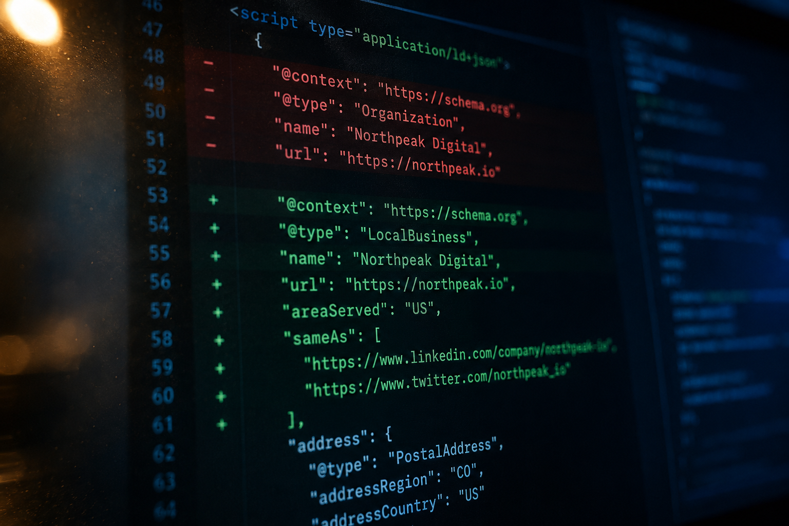 Schema.org source-layer diff, removed and added lines